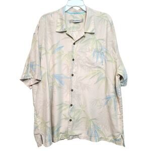 Tommy Bahama Silk Camp Shirt XXL Cream Palm Frond Print GUC